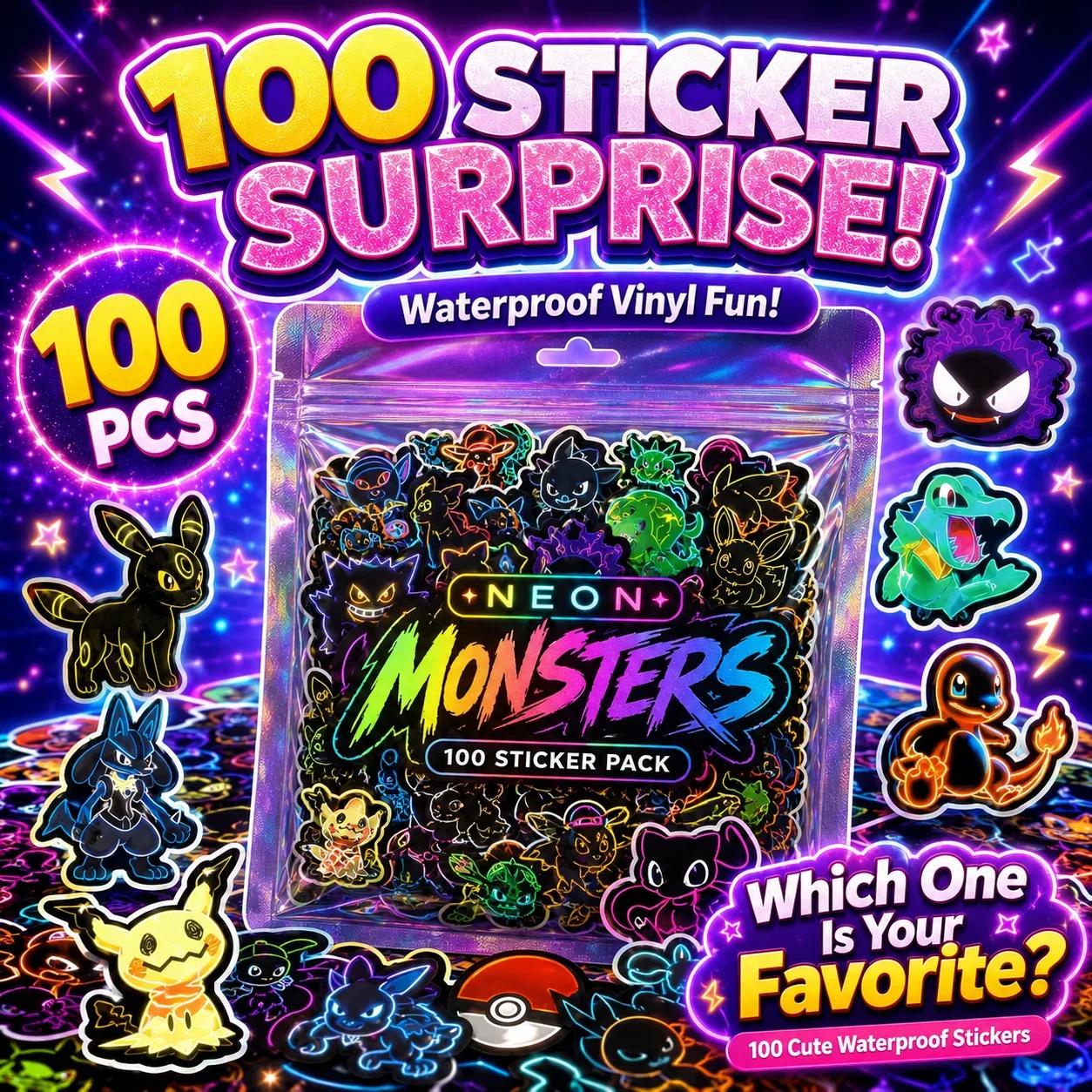 100 Adesivos Neon Pokémon à Pr - Handbags avaliação e preço